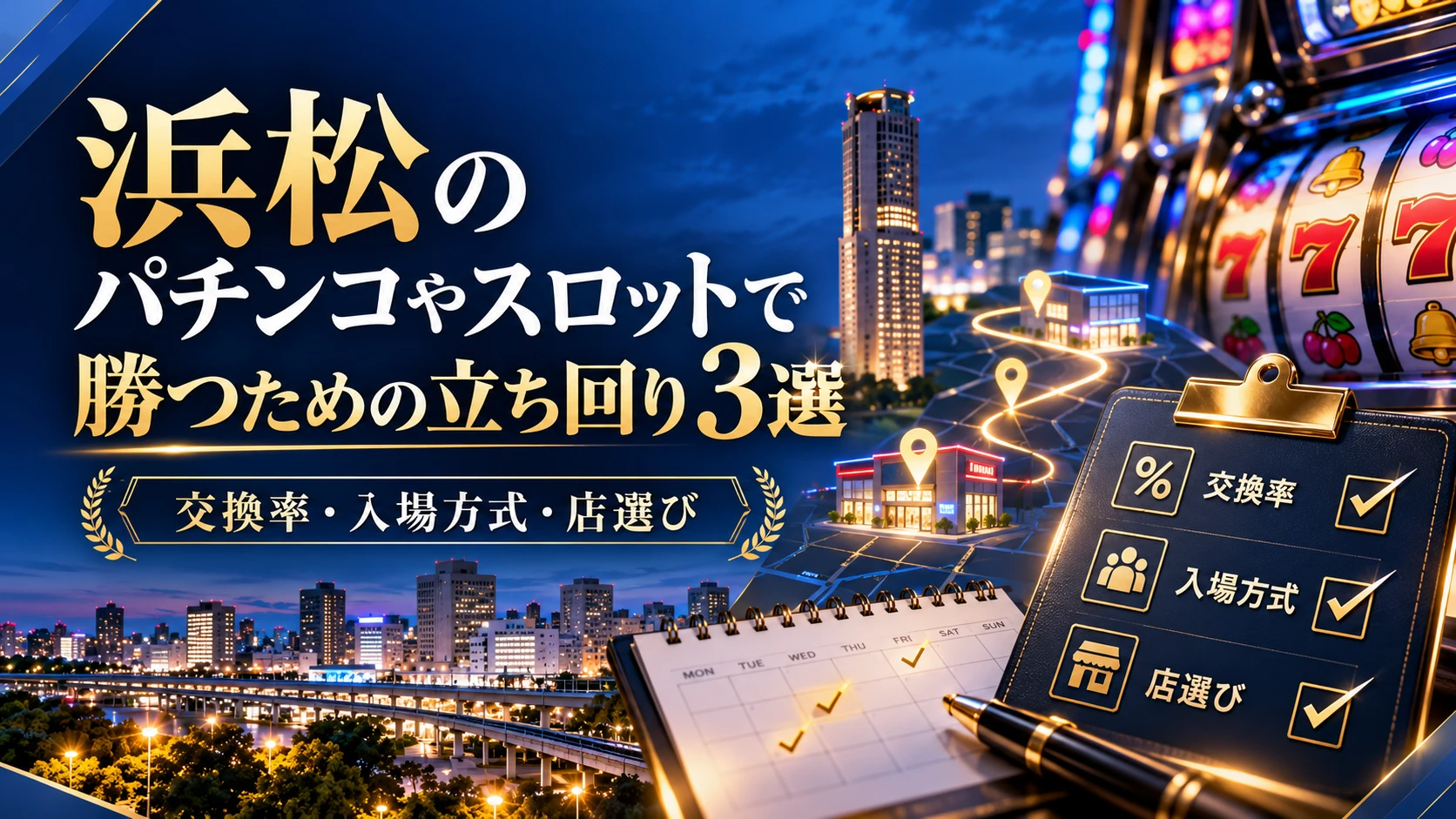 浜松のパチンコやスロットで勝つための立ち回り3選（交換率・入場方式・店選び）のイメージ