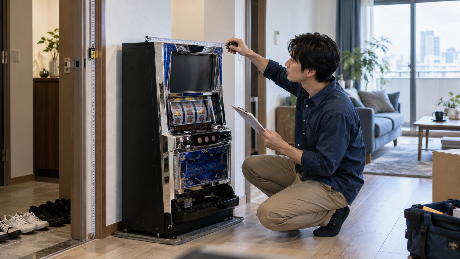 中古パチスロ実機の寸法と搬入経路を購入前に確認する様子