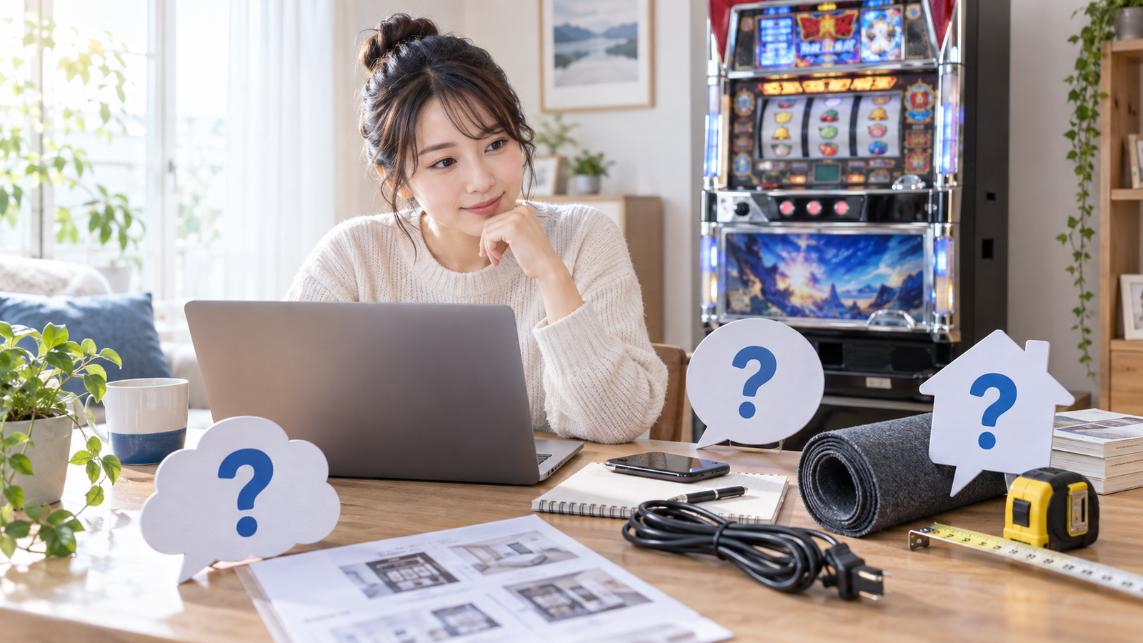 中古パチスロ実機の電源、設置、騒音などを調べる初心者のイメージ