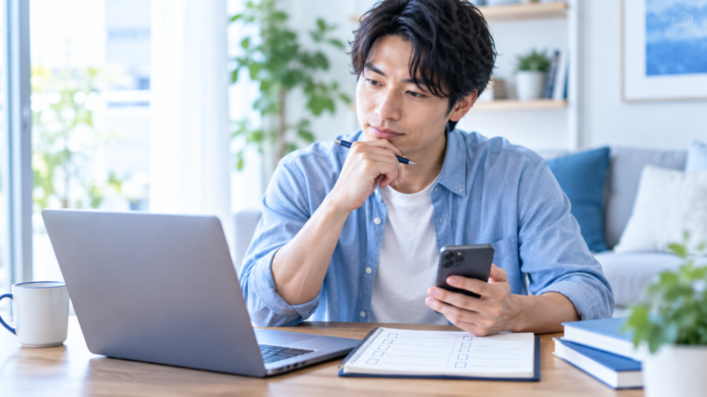 自分に合うサービスかどうかをメモを取りながら検討するイメージ