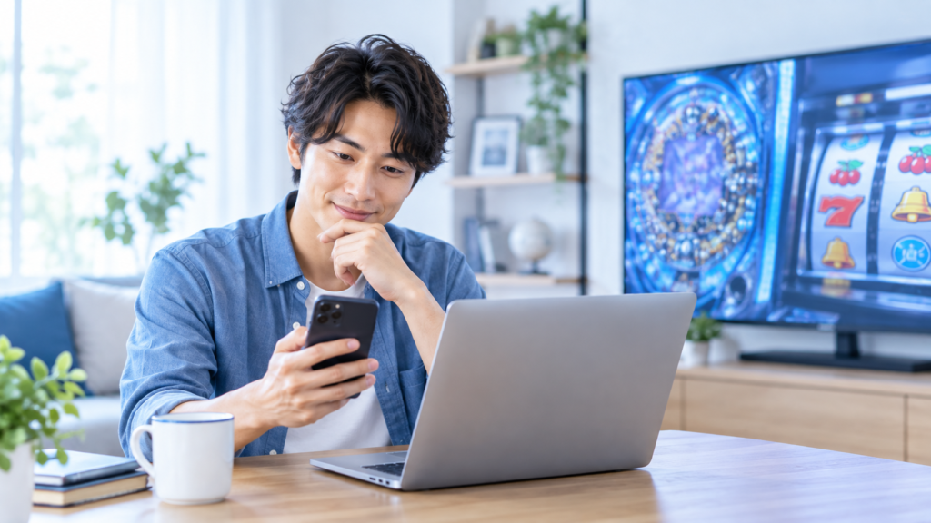 自宅でスマートフォンとパソコンを使ってオンラインパチンコを利用するイメージ