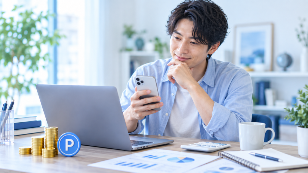 ポイントや料金を電卓で計算しながら確認するイメージ