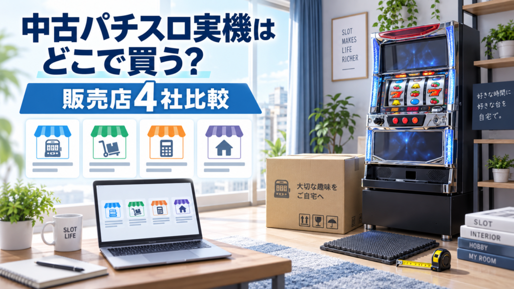中古パチスロ実機の購入先を販売店4社で比較するイメージ